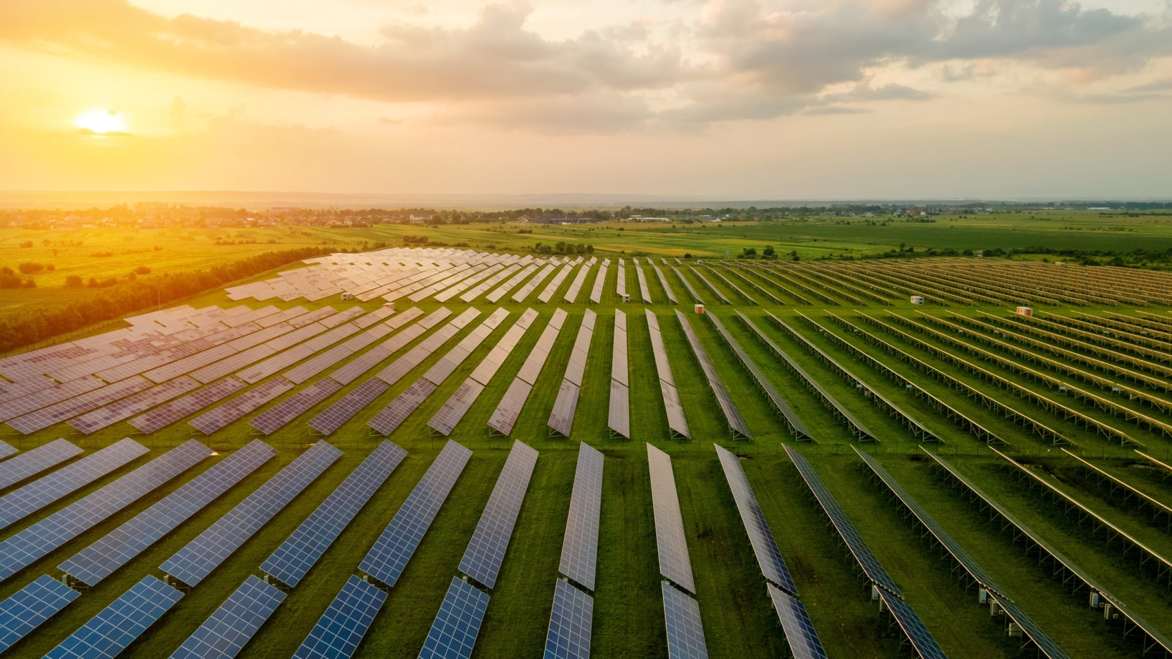 Aerial view of large electrical power plant with many rows of solar photovoltaic panels for producing clean ecological electric energy in morning. Renewable electricity with zero emission concept.