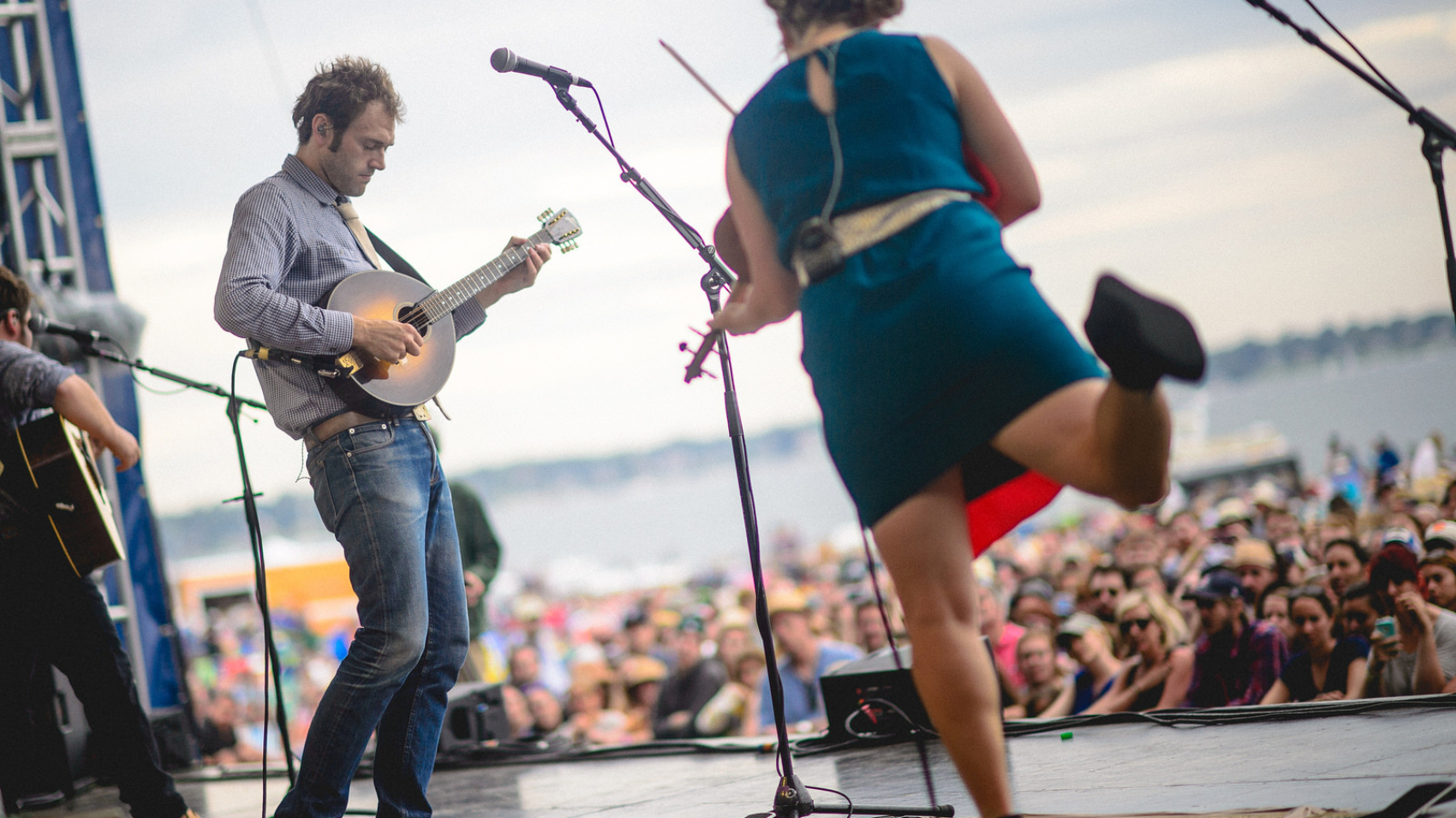 Chris Thile and Sara Watkins of Nickel Creek perform at the 2014 Newport Folk Festival.