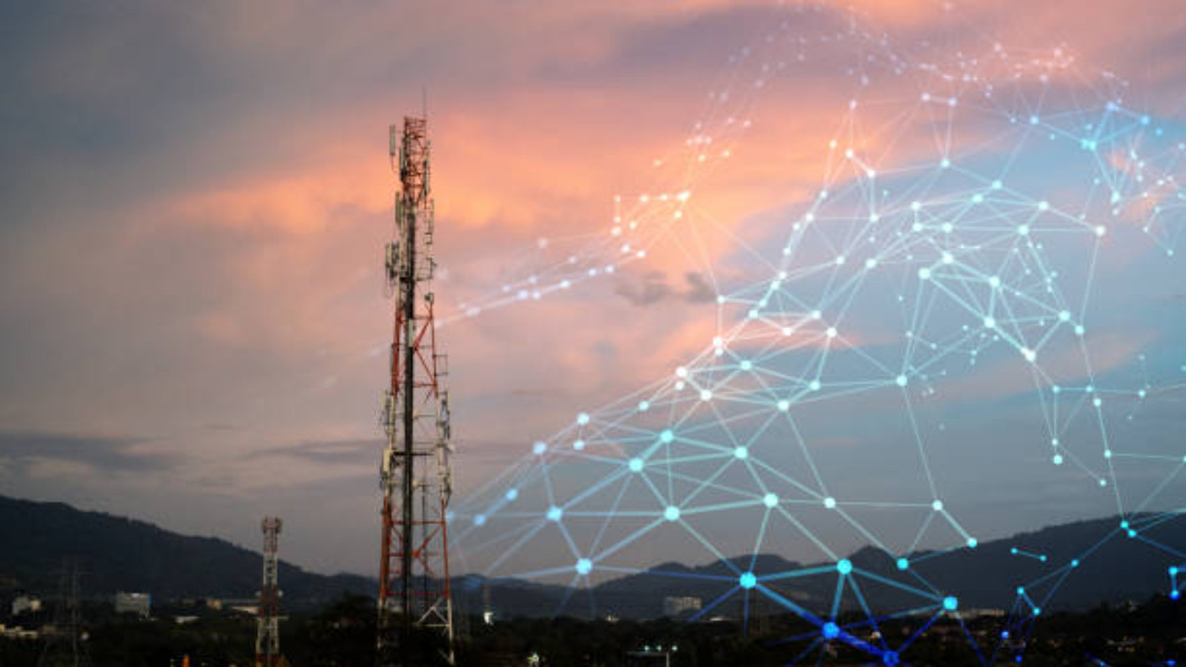 Telecommunication Tower for 2G 3G 4G 5G network during sunset. Antenna, BTS, microwave, repeater, base station, IOT. Technology concept in internet and mobile communication.