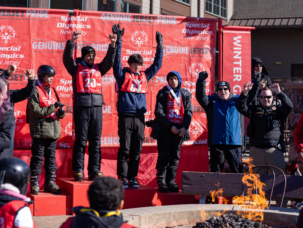 Athletes Gene Martin, Dioscar Marcelino, Joontae Hwang, and Gabriel Rojas are given their medals for the alpine skiing event during the Special Olympics New Jersey at Mountain Creek in Vernon, New Jersey on Tuesday, February 6, 2024.