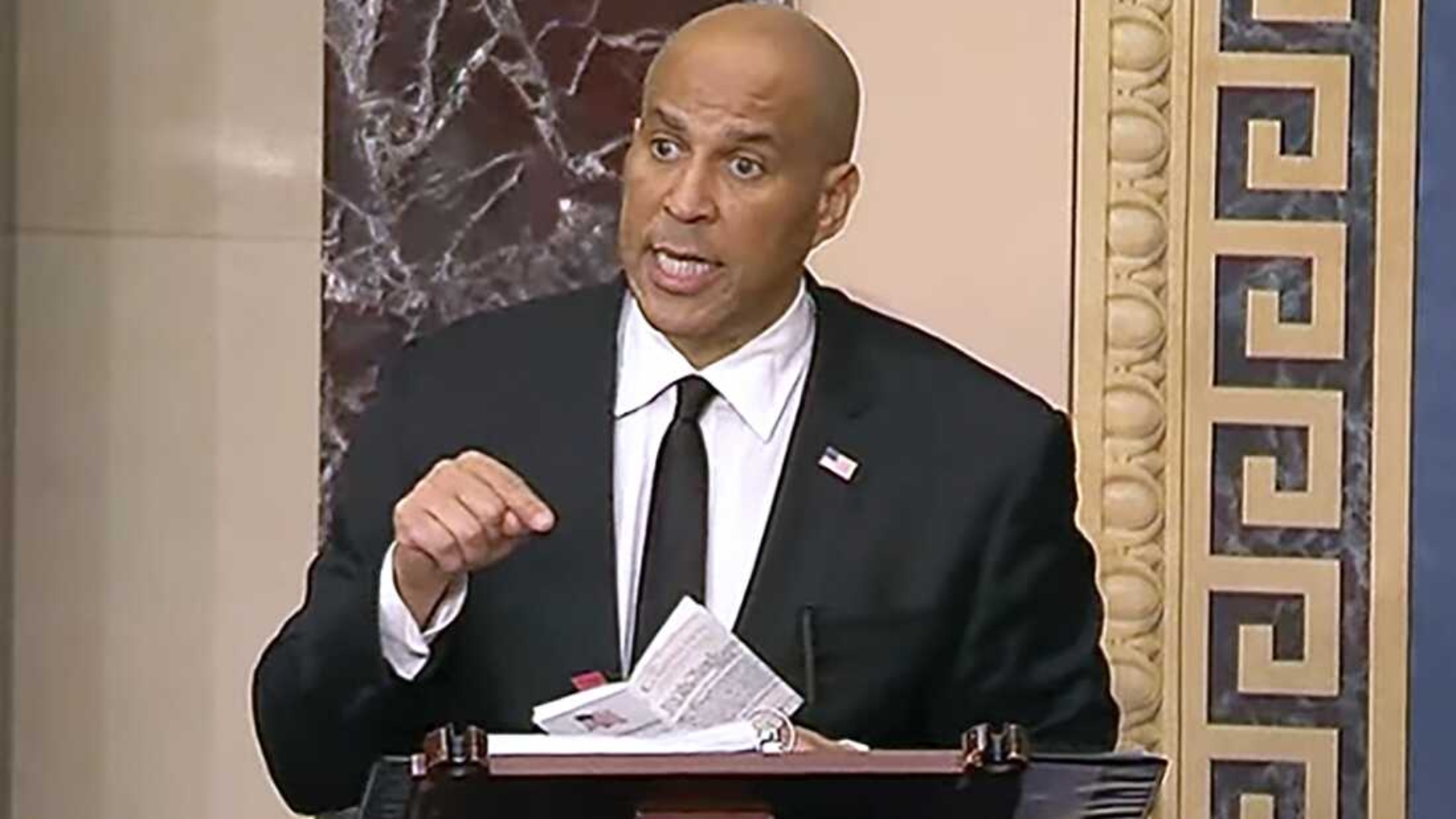 In this image provided by Senate Television, Sen, Cory Booker, D-N.J. speaks on the Senate floor, Tuesday morning, April 1, 2025. (Senate Television via AP)