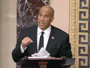 In this image provided by Senate Television, Sen, Cory Booker, D-N.J. speaks on the Senate floor, Tuesday morning, April 1, 2025. (Senate Television via AP)