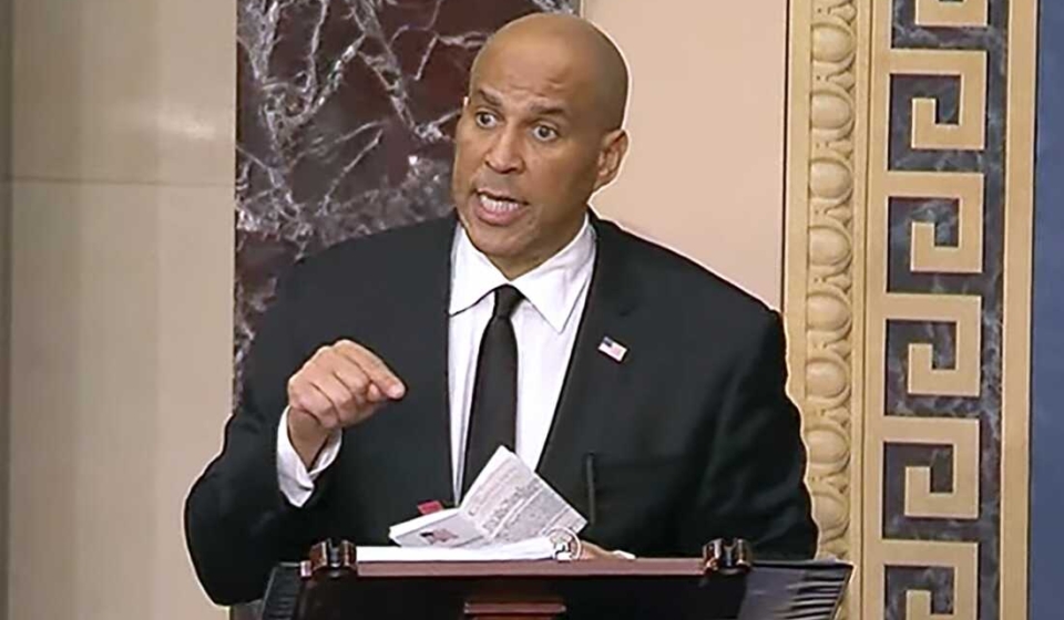 In this image provided by Senate Television, Sen, Cory Booker, D-N.J. speaks on the Senate floor, Tuesday morning, April 1, 2025. (Senate Television via AP)