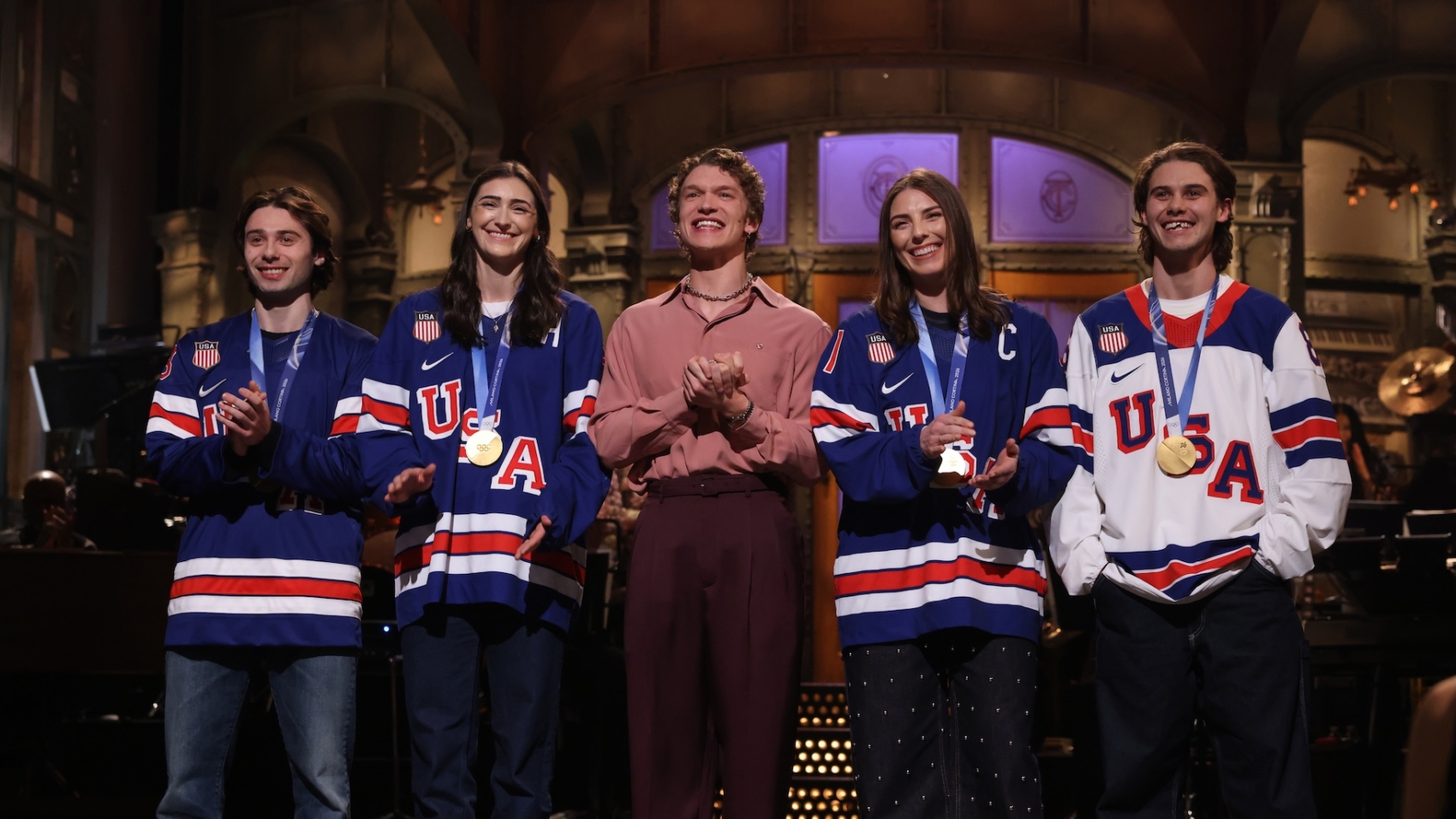 SATURDAY NIGHT LIVE -- Episode 1897 -- Pictured: (l-r) Quinn Hughes, Megan Keller, host Connor Storrie, Hilary Knight, and Jack Hughes during the Monologue on Saturday, February 28, 2026 -- (Photo by: Will Heath/NBC)