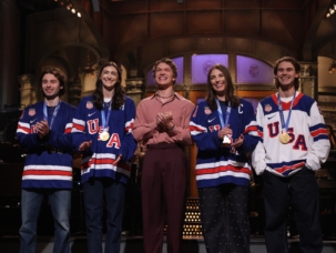 SATURDAY NIGHT LIVE -- Episode 1897 -- Pictured: (l-r) Quinn Hughes, Megan Keller, host Connor Storrie, Hilary Knight, and Jack Hughes during the Monologue on Saturday, February 28, 2026 -- (Photo by: Will Heath/NBC)