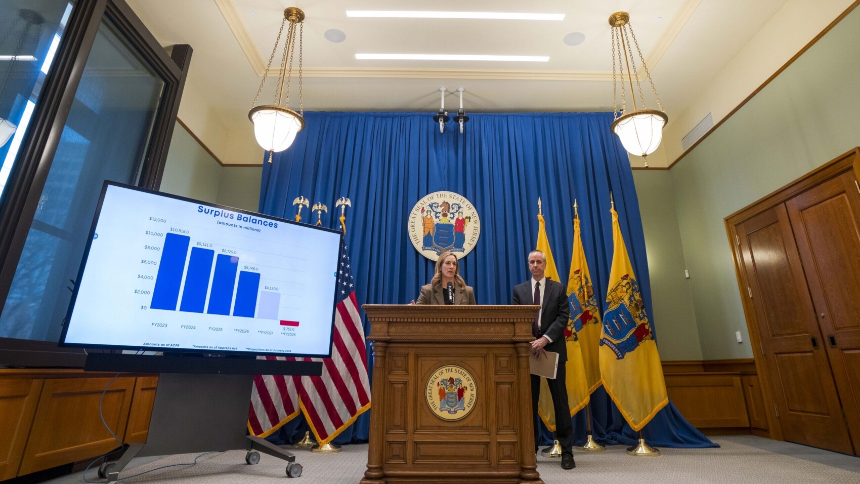 New Jersey Governor Mikie Sherrill and New Jersey State Treasurer Aaron Binder hold press conference to discuss New Jersey financial landscape prior to the upcoming budget address, while in the media room at the statehouse in Trenton, N.J. on Thursday, Feb. 26, 2026.  (Office of Governor / Tim Larsen)