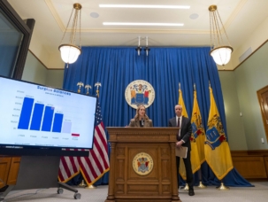 New Jersey Governor Mikie Sherrill and New Jersey State Treasurer Aaron Binder hold press conference to discuss New Jersey financial landscape prior to the upcoming budget address, while in the media room at the statehouse in Trenton, N.J. on Thursday, Feb. 26, 2026.  (Office of Governor / Tim Larsen)