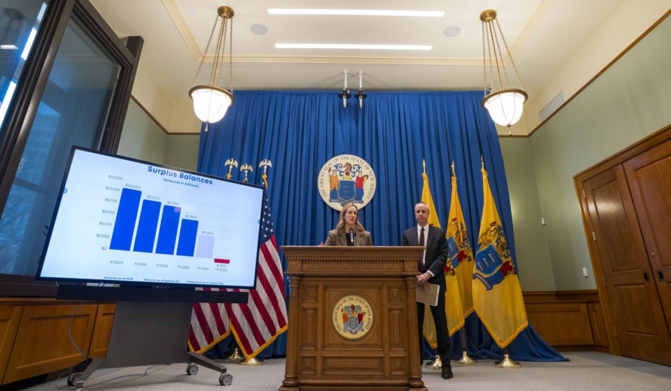 New Jersey Governor Mikie Sherrill and New Jersey State Treasurer Aaron Binder hold press conference to discuss New Jersey financial landscape prior to the upcoming budget address, while in the media room at the statehouse in Trenton, N.J. on Thursday, Feb. 26, 2026.  (Office of Governor / Tim Larsen)